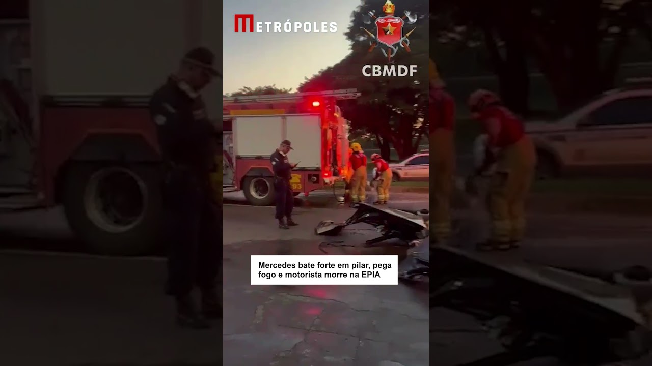 Mercedes bate forte em pilar pega fogo e motorista morre na EPIA