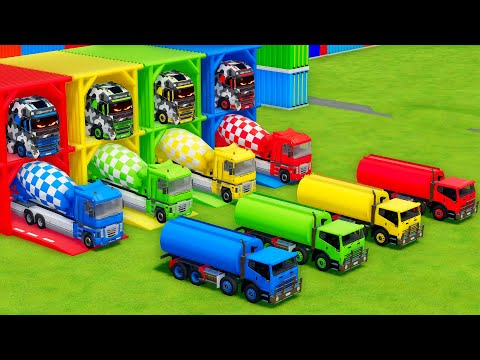 Garage with Colors - ALL MIXER TRUCK WITH DOUBLE FLATBED TRAILER TRUCK, VOLVO, RENAULT, MACK - FS22
