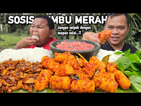 NGALIMED ! Mukbang sosis bumbu merah + orek tempe + sintrong + sambel terasi, Nikmat kacida