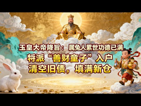 玉皇大帝降旨：屬兔人累世功德已滿，特派“善財童子”入戶，清空舊債，塡滿新倉