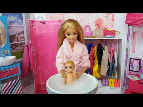 Barbie Doll Baby Morning in a pink Barbie's Bedroom. Barbie Video.