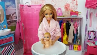 Barbie Doll Baby Morning in a pink Barbie's Bedroom. Barbie Video.