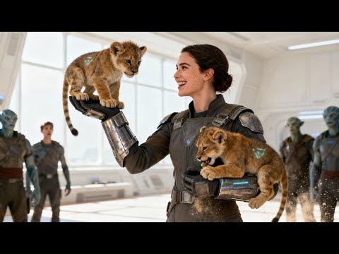 The puppies bit into her arm guard—she lifted it higher and one climbed it like a trophy.