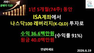 74주차 투자수익 36.6백만/원금 40백만원(수익률 91%)! ISA계좌로 나스닥100 레버리지ETF(K-QLD)투자!