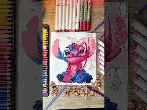 Dibujando a STITCH y ANGEL en una Mancha 🩵🩷 #dibujos #drawing #art #stitch