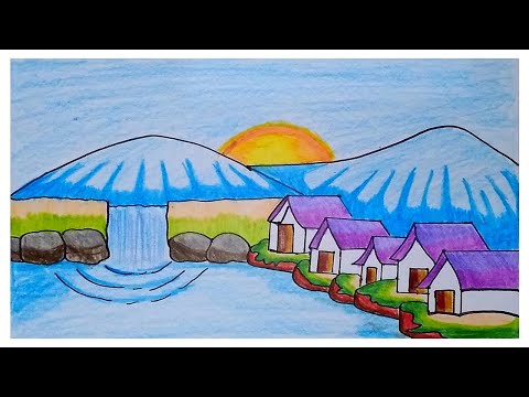 Scenery Drawing | How To Draw Mountain and Waterfall Scenery In Rural Areas With Colored Pencils