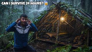 I Built a Bushcraft Shelter in the Deep Jungle & Survived 24 Hours in Heavy Rain & Thunderstorm