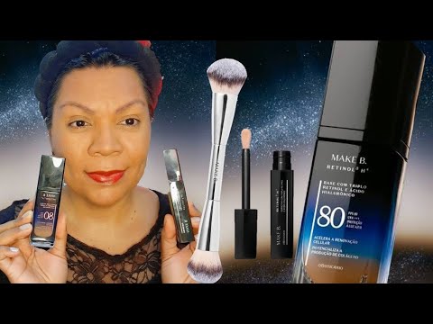 TESTANDO MAKE B NOVA BASE RETINOL³ H+ E PINCEL DUPLO SILVER PRO  || LANÇAMENTO O BOTICÁRIO