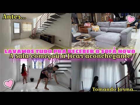 VLOG CASA NOVA:COMPRAMOS O SOFÁ NOVO||SUPER FAXINA NA SALA•LAVAMOS TUDO||INSTALAMOS A CORTINA NOVA💕🏠