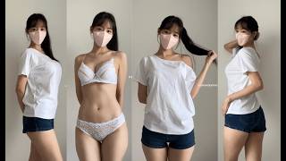 (4K 세로) 흰티에 핫팬츠 하이힐 룩북 ✨  레전드 란제리 직캠 룩북 Korean Girl Lingerie and High Heels Lookbook