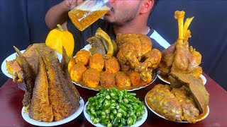 Spicy Green Chili, Fish Fry, Whole Chicken Curry, Mutton Liver with Rice Eating || Eat with SUMON
