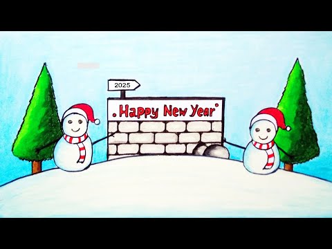 Scenery Drawing | How to Draw Happy New Year and Happy Christmas Scenery