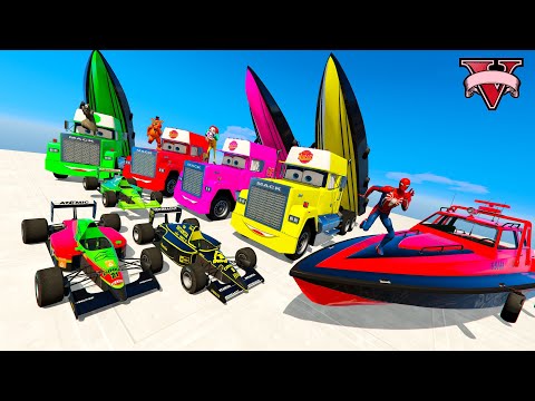 Spiderman & Super Heroes Race In Mega Ramps By Mack Trucks & Sea Bikes Super Cars