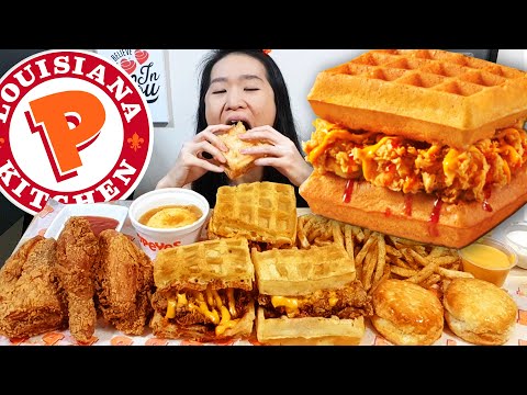 POPEYES Chicken Waffles Sandwich! Cajun Fried Chicken & Crispy Fries - Mukbang ASMR