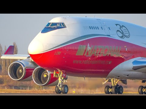 RED BOEING 747 DEPARTURE during SUNSET + 60 Minutes of Aviation at Liege (4K)