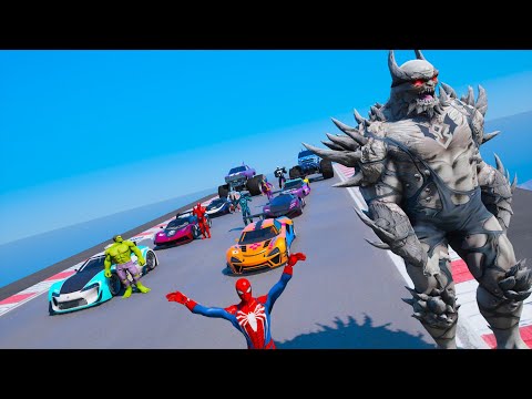 Carros Loucas com Homem Aranha e Heróis! Spiderman Cars Stunt Dangeros Rampa GTA V MODS