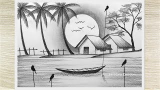 Drawing a landscape riverside scenery, Village Scenery Drawing with pencil