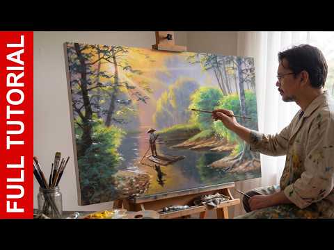 Full Tutorial: Morning by the River | Acrylic Landscape Painting | JMLisondra (3.5 Hours)