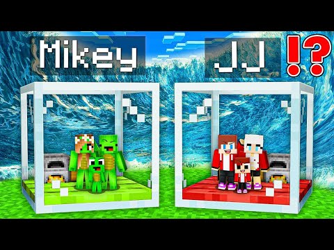 Mikey Family POOR & JJ Family RICH GLASS Bunker vs TSUNAMI in Minecraft CHALLENGE - Maizen JJ Mikey