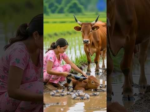Mother Cow Rushes for Help — Brave Woman Saves Calf From Snakes! 😭 #ai #animals #humanity #cow