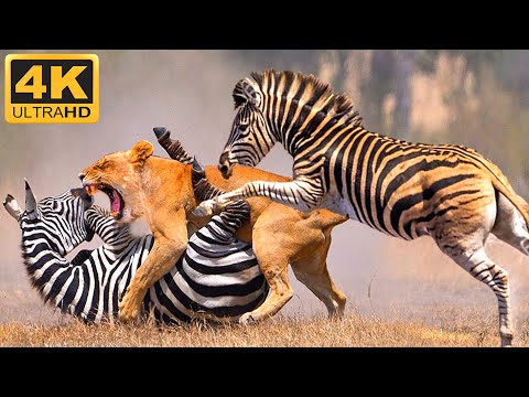 The zebra bravely charges in to rescue its companion from the jaws of the lion