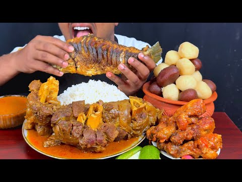 EATING BEEF BONE CURRY, CHILI CHICKEN, ROSHGOLLAH WITH RICE || EATING SHOW