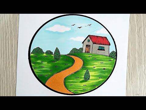 رسم سهل | رسم منظر طبيعى سهل بالخطوات و رسم شجرة للمبتدئين و رسم بيت كيوت | تربية فنية| رسم 🎨