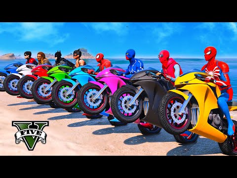 SPIDERMAN TEAM vs BATMAN TEAM RACING Motorbikes Challenge Superheroes Motorbikes Epic Stunts - GTA 5