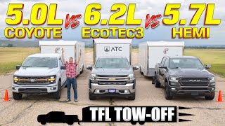 V8 Towing Drag Race: Ford vs Chevy vs Ram - THIS Is the Fastest Half-Ton Towing Truck!