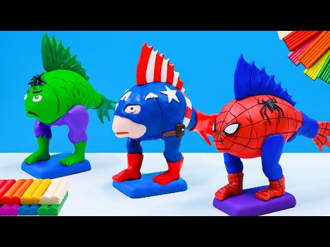 DIY Fish man mod superhero Avengers Hulk, Spider-man, Captain America with Clay