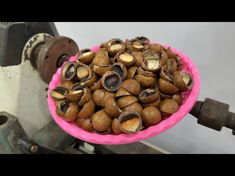 Woodturning-Creating AMAZING Artworks With Epoxy Resin And Macadamia Nut Shells On A Wood Lathe.