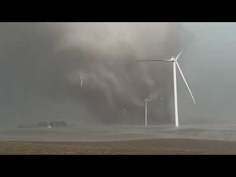 INSANE TORNADO PIPE intercept with windmills toppled near Greenfield, Iowa!