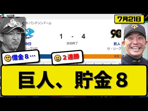 【2位vs5位】読売ジャイアンツが中日ドラゴンズに4-1で勝利…7月21日2連勝で貯金8…先発菅野6回1失点8勝目…若林&ヘルナンデスが活躍【最新・反応集・なんJ・2ch】プロ野球