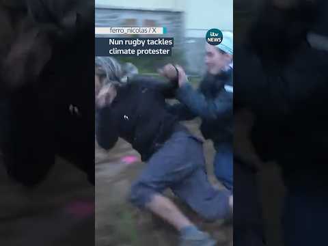Nun rugby tackles climate protester #itvnews #news #rugby #climate #religion #france