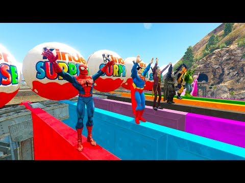 SUPERHERO EXTREME JUMP into RIVER Color Boats and HowerBikes Racing for kids and babies