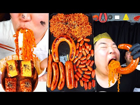 ASMR MUKBANG| Fire noodles-Rice paper Wrap. Kielbasa, Vienna, Frank Sausage. Big Ham, Fried chicken