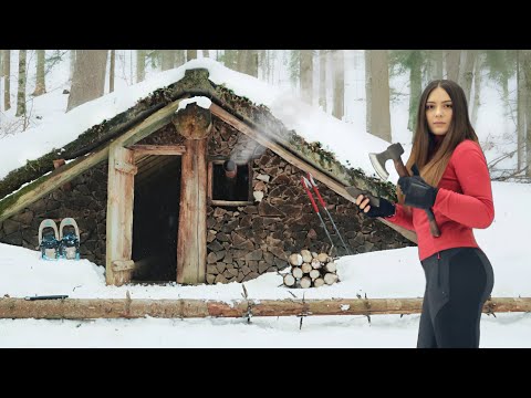 Overnight in 1943 DUGOUT Shelter | Solo Bushcraft in winter ABANDONED camp & Wilderness ASMR trip