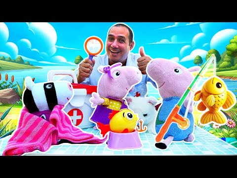 ¡George pesca a... Peppa! Juguetes peluches. Video infantil.