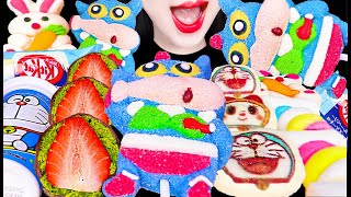 ASMR BLUE DESSERT 액션가면짱구, 딸기두바이쫀득쿠키, 도라에몽모찌 먹방 MUKBANG, EATING