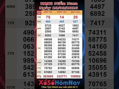 XSMN ngày 29/09/2026,Trực Tiếp <strong>Xổ</strong> <strong>Số</strong> Miền Nam, KQXSMN <strong>Bến</strong> <strong>Tre</strong>, <strong>Vũng</strong> <strong>Tàu</strong>, Bạc Liêu