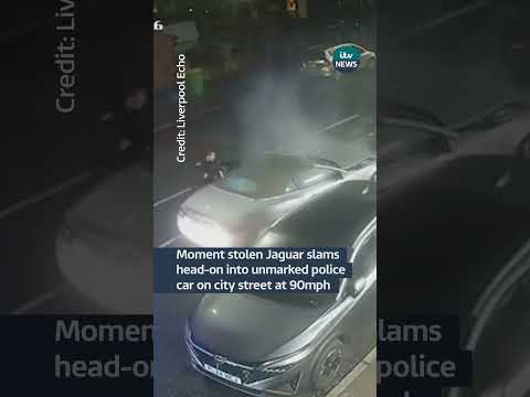 Moment stolen Jaguar slams head-on into unmarked police car on city street at 90mph| ITV News