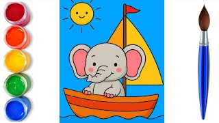 How to draw easy cute elephant in boat | easy drawing step by step for kids 