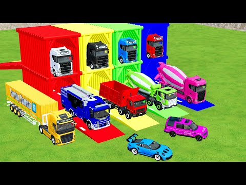 TRANSPORTING MIXER CEMENT TRUCK, DUMP TRUCK, POLICE CAR TO GARAGE WITH MAN TRUCK - FS22