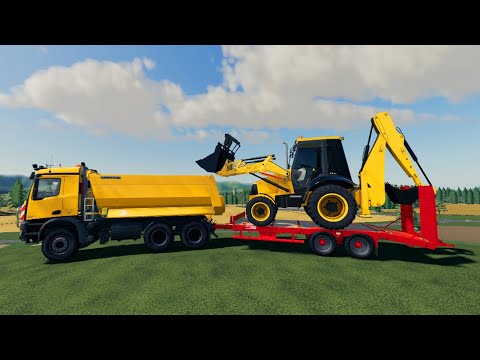 JCB Backhoe Loader transported on a trailer for construction works | FS19 game video