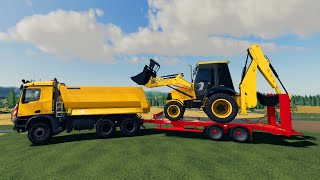JCB Backhoe Loader transported on a trailer for construction works | FS19 game video