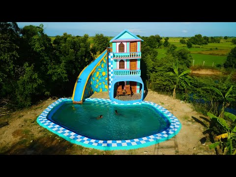 Spend 90 days Build 3 Story Mud Resort House And Big Swimming Pool With Slide Park & Ladder