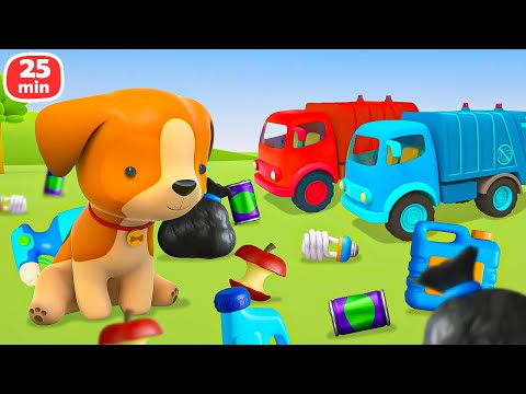 The city must be clean! The five garbege trucks collect garbage containers and make the city clean.