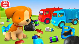 The city must be clean! The five garbege trucks collect garbage containers and make the city clean.