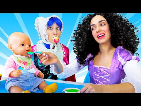 Baby born doll & princesses pretend to play baby. Feeding baby doll & Princess stories for children.