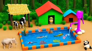 DIY Farm World with Cow Horse Cat Goat | Farm Barn And Small Waterhole Animals